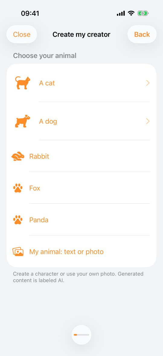 Glimmry’s “Choose your animal” screen with a cat, a dog, a rabbit, a fox, a panda and My animal: text or photo