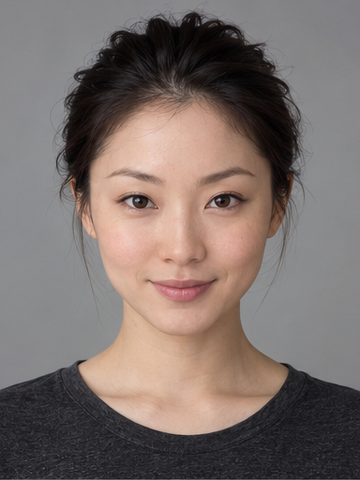 A fictional creator with dark hair in a loose bun and a charcoal shirt.